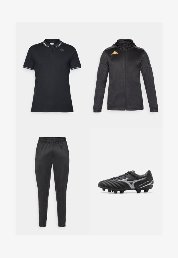 Juodas susegamas džemperis su kapišonu, pagamintas iš lygaus audinio. Pasižymi auksiniu logotipu ant krūtinės ir peties, taip pat pilkomis detalėmis ant rankovių.; Juodas polo marškinėlis, pagamintas iš medvilnės, su dviem mygtukais priekyje, kontrastinės baltos spalvos apvadu ant apykaklės ir rankovių, bei siuvinėtų logotipu.; Juodi sportiniai kelnių šortai, pagaminti iš glotnios, lengvos medžiagos. Turi elastingą juosmenį ir siaurą pritaikymą su užtrauktukais kišenėse.; Juodas futbolo batelis su tekstūruota sintetine viršutine dalimi, sidabriniais akcentais ir raištelių dizainu. Yra formuotas padas su matomomis išsikišusiais taškais, užtikrinančiais sukibimą.
