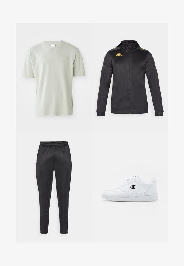Črna jakna z zadrgo in kapuco, izdelana iz gladkega materiala. Ima zlat logotip na prsih in rami ter sivo poudarjanje na rokavih.; Svetlo zelena majica s kratkimi rokavi iz bombaža. Ima krožni ovratnik in subtilen logotip na prsih. Gladka tekstura z sproščenim krojem.; Črne športne hlače, izdelane iz gladkega, lahkega materiala. Imajo elastičen pas in ozek kroj z žepom na zadrgo.; Bela atletska športna obutev z gladkim sintetičnim zgornjim delom, črnimi logotipnimi detajli in perforacijami na strani. Guma podplat.