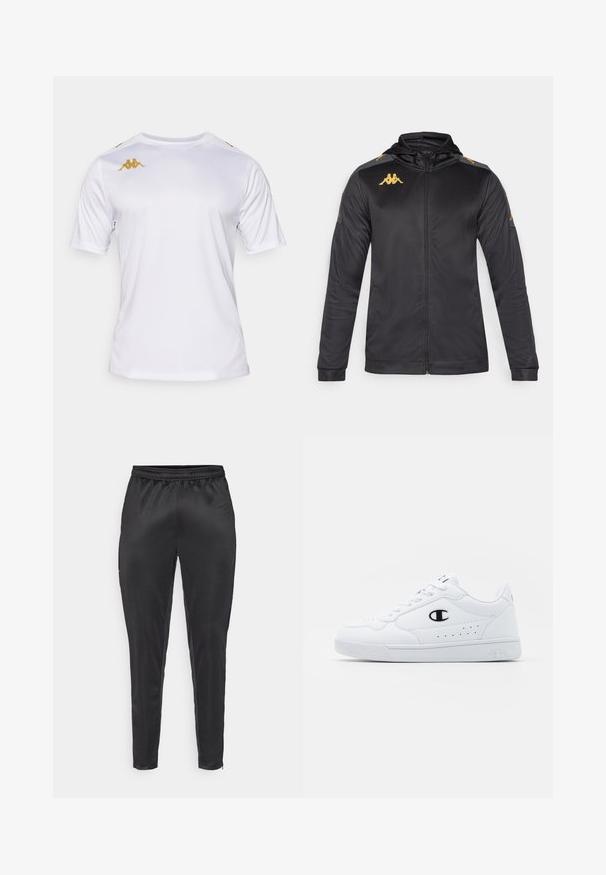 Must mustaga kapuutsiga jakki, valmistatud siledast kangast. Omab kuldset logo rinnal ja õlal ning halli detaili varrukatel.; Valge lühikeste varrukatega spordipolt, mis on valmistatud siledast kangast, sisaldab kuldset logo rinnal ja õlavarre aktsente, ümmargune kaelus ja regulaarne lõige.; Musternad mustreerid, mis on valmistatud siledast ja kerge materjalist. Omab elastset vöökohta ja kitsast lõiget, varustatud lukuga taskutega.; Valged spordijalatsid, millel on sile sünteetiline pealmine osa, must logo aktsent ja perforatsioonid külgedel. Kummikreen.
