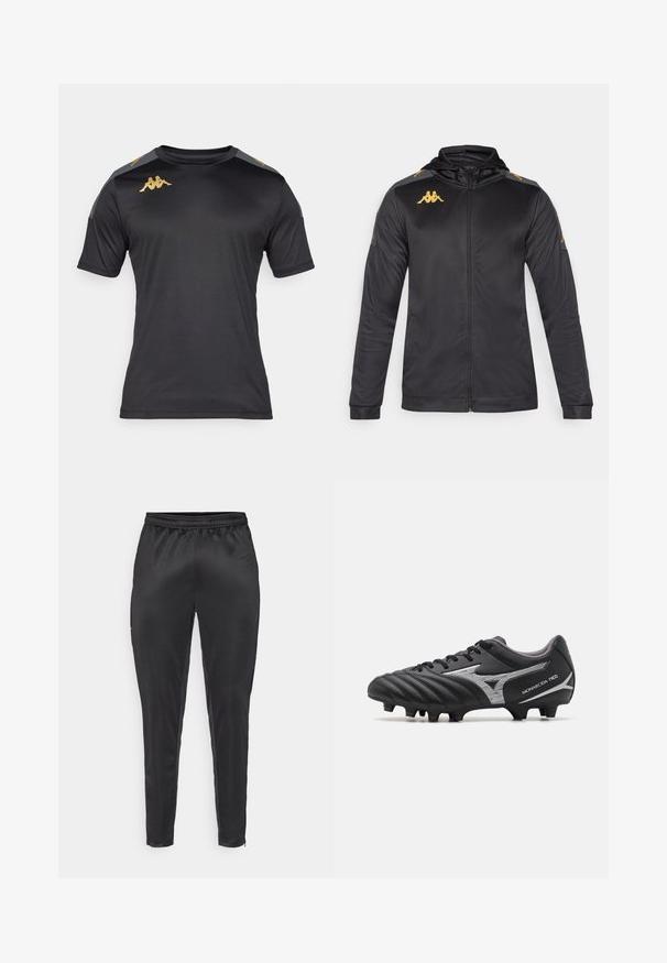 Černá zipová bunda s kapucí, vyrobena z hladkého materiálu. Obsahuje zlaté logo na hrudi a na rameni, a šedé akcenty na rukávech.; Černé sportovní tričko s krátkým rukávem, vyrobené ze hladké, lehké tkaniny. Obsahuje zlaté logo na hrudi a šedé akcenty na ramenou.; Černé sportovní kalhoty vyrobené z hladkého, lehkého materiálu. Mají elastický pas a slim fit s kapsami na zip.; Černé fotbalové kopačky s texturovaným syntetickým svrškem, stříbrnými akcenty a šněrovacím designem. Obsahují tvarovanou podrážku s viditelnými hroty pro trakci.