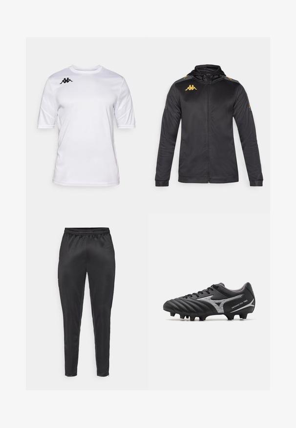 Svart hettejakke med glidelås, laget av glatt stoff. Har gulllogo på brystet og skulderen, samt grå detaljer på ermene.; Hvit t-skjorte med korte ermer og rund hals, med svart Kappa-logo på høyre skulder.; Svart treningbukser laget av glatt, lett materiale. Har elastisk midjebånd og slim fit med glidelåslommer.; Svarte fotballsko med teksturert syntetisk overdel, sølvfargede detaljer og snøring. Har en formet såle med synlige knotter for godt grep.