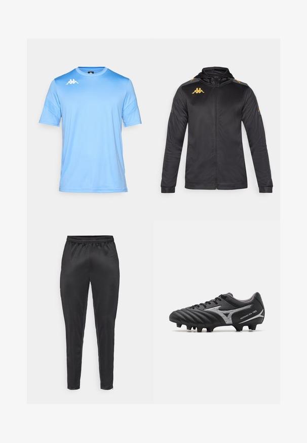 Černá zipová bunda s kapucí, vyrobena z hladkého materiálu. Obsahuje zlaté logo na hrudi a na rameni, a šedé akcenty na rukávech.; Svetle modré sportovní tričko s krátkým rukávem a bílým logem Kappa na pravé části hrudi, vystavené na čistém bílém pozadí.; Černé sportovní kalhoty vyrobené z hladkého, lehkého materiálu. Mají elastický pas a slim fit s kapsami na zip.; Černé fotbalové kopačky s texturovaným syntetickým svrškem, stříbrnými akcenty a šněrovacím designem. Obsahují tvarovanou podrážku s viditelnými hroty pro trakci.