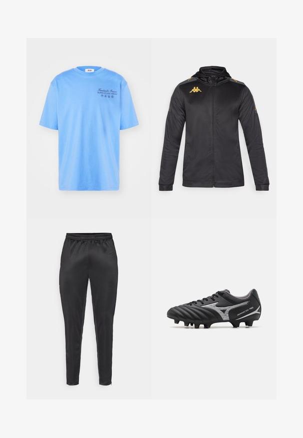 Black zip-up jacket with hood, made from smooth fabric. Features gold logo on chest and shoulder, and gray accents on sleeves.; Light blue cotton t-shirt with short sleeves, round neckline, and black text: "Fantastic Green Burro Studio MSGM" with graphic accents.; Black athletic pants made from smooth, lightweight material. Features an elastic waistband and slim fit with zippered pockets.; Black soccer cleat with a textured synthetic upper, silver accents, and a lace-up design. Features a molded sole with visible studs for traction.