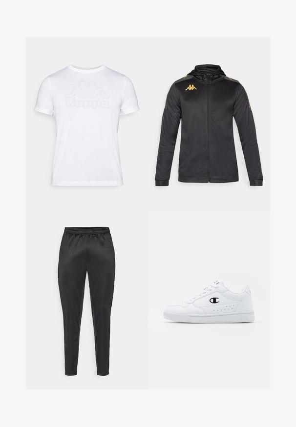 Črna jakna z zadrgo in kapuco, izdelana iz gladkega materiala. Ima zlat logotip na prsih in rami ter sivo poudarjanje na rokavih.; Bela bombažna majica s kratkimi rokavi in krožnim izrezom. Na sprednji strani je subtilen tonalni logotip Kappa. Gladka tekstura.; Črne športne hlače, izdelane iz gladkega, lahkega materiala. Imajo elastičen pas in ozek kroj z žepom na zadrgo.; Bela atletska športna obutev z gladkim sintetičnim zgornjim delom, črnimi logotipnimi detajli in perforacijami na strani. Guma podplat.