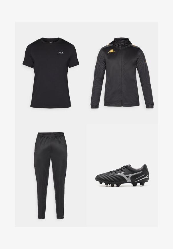 Must mustaga kapuutsiga jakki, valmistatud siledast kangast. Omab kuldset logo rinnal ja õlal ning halli detaili varrukatel.; Must have must kätised T-särk, mis on valmistatud puuvillast, ribaga ümmarguse kaelusega ning millel on väike hall FILA logo vasakul rinnal.; Musternad mustreerid, mis on valmistatud siledast ja kerge materjalist. Omab elastset vöökohta ja kitsast lõiget, varustatud lukuga taskutega.; Mustad mustajalgpallikepid tekstuuriga sünteetilisest ülemisest, hõbedaste detailidega ja kummipaeltega disain. Omavad vormitud tallat, millel on nähtavad nupud haardevõime tagamiseks.