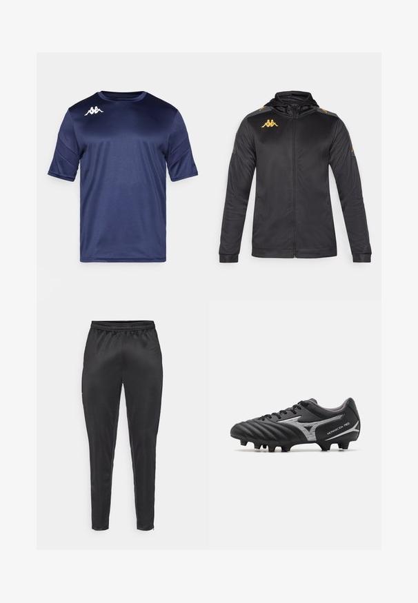 Černá zipová bunda s kapucí, vyrobena z hladkého materiálu. Obsahuje zlaté logo na hrudi a na rameni, a šedé akcenty na rukávech.; Námořnická modrá sportovní tričko vyrobené z hladkého, lehkého materiálu, s krátkými rukávy, kulatým výstřihem a bílým logem na levém rameni.; Černé sportovní kalhoty vyrobené z hladkého, lehkého materiálu. Mají elastický pas a slim fit s kapsami na zip.; Černé fotbalové kopačky s texturovaným syntetickým svrškem, stříbrnými akcenty a šněrovacím designem. Obsahují tvarovanou podrážku s viditelnými hroty pro trakci.