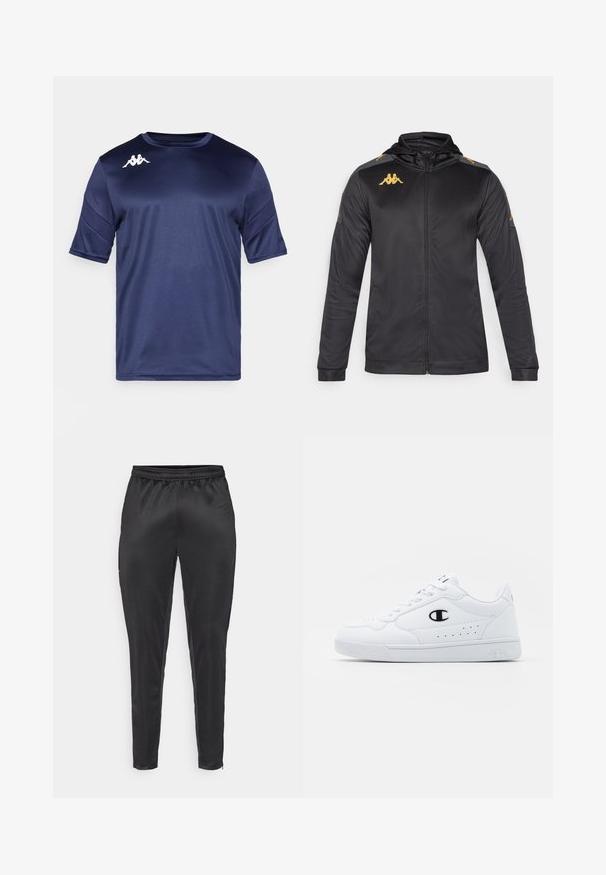 Melna josta ar kapuci, izgatavota no gludas auduma. Iežogo zelta logo uz krūškurvja un pleca, kā arī pelēkas akcenti uz piedurknēm.; Tums zilas sporta T-krekls, izgatavots no gluda, viegla auduma, ar īsām piedurknēm, apkakli un baltu logo uz kreisā pleca.; Melni sporta bikses, izgatavotas no gluda, viegla materiāla. Iespējas ietver elastīgu jostu un šauru piegriezumu ar rāvējslēdzējam kabatām.; Baltas sporta apavi ar gludu sintētisku augšdaļu, melnu logotipa akcentu un perforētu apdari sānos. Gumijas zole.