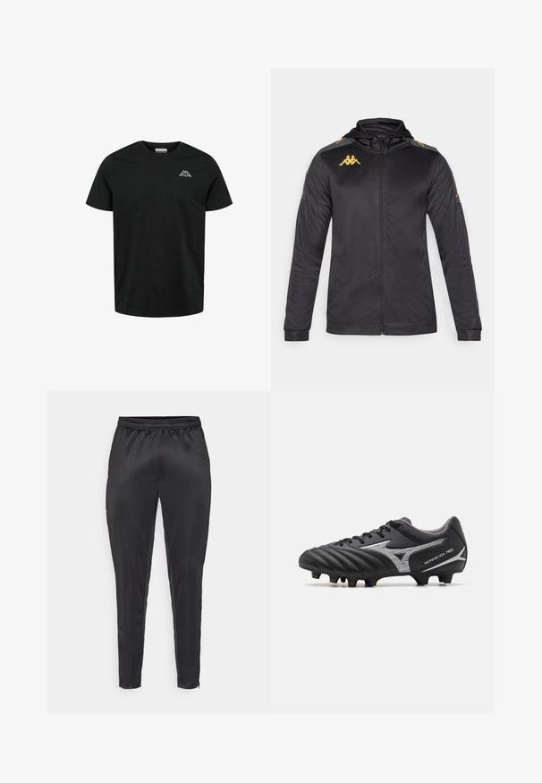 Czarna kurtka zapinana na zamek z kapturem, wykonana z gładkiego materiału. Posiada złote logo na klatce piersiowej i ramieniu oraz szare akcenty na rękawach.; Kappa - T-shirt basic; Czarne spodnie sportowe wykonane z gładkiego, lekkiego materiału. Posiadają elastyczny pas i dopasowany krój oraz kieszenie zapinane na zamek.; Czarne korki piłkarskie z teksturowanej syntetycznej cholewki, srebrnymi akcentami i sznurowanym zapięciem. Posiadają formowaną podeszwę z widocznymi wkrętami dla lepszej przyczepności.
