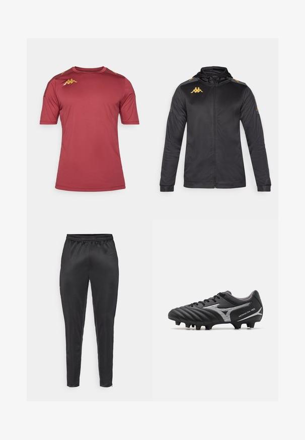 Musta vetoketjullinen takki hupulla, valmistettu sileästä kankaasta. Ominaisuuksiin kuuluu kultainen logo rinnassa ja olkapäässä sekä harmaat yksityiskohdat hihoissa.; Maroon urheilu t-paita, joka on valmistettu kosteutta siirtävästä kankaasta. Siinä on lyhyet hihat, pyöreä kaula-aukko ja kultaiset logopainatukset hartioissa.; Mustat urheiluhousut, jotka on valmistettu sileästä ja kevyestä materiaalista. Ominaisuuksiin kuuluu joustava vyötärönauha ja kapea malli, jossa on vetoketjulliset taskut.; Musta jalkapallokenkä, jossa on teksturoitu synteettinen päällinen, hopeiset yksityiskohdat ja nauhakiinnitys. Varustettu muotoillulla pohjalla, jossa on näkyviä nappuloita pidon parantamiseksi.