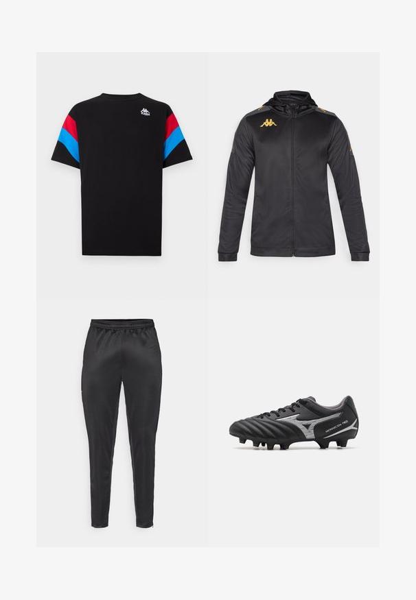 Melna josta ar kapuci, izgatavota no gludas auduma. Iežogo zelta logo uz krūškurvja un pleca, kā arī pelēkas akcenti uz piedurknēm.; Melna t-krekls ar sarkanām un zilām svītrām uz pleciem. Balts logo augšējā kreisajā stūrī. Kokvilnas materiāls, īsas piedurknes.; Melni sporta bikses, izgatavotas no gluda, viegla materiāla. Iespējas ietver elastīgu jostu un šauru piegriezumu ar rāvējslēdzējam kabatām.; Melnas futbola kurpes ar teksturētu sintētisku virsmu, sudraba akcentiem un saistīšanas dizainu. Iekļauj apmestu zoli ar redzamām naglām, lai nodrošinātu saķeri.