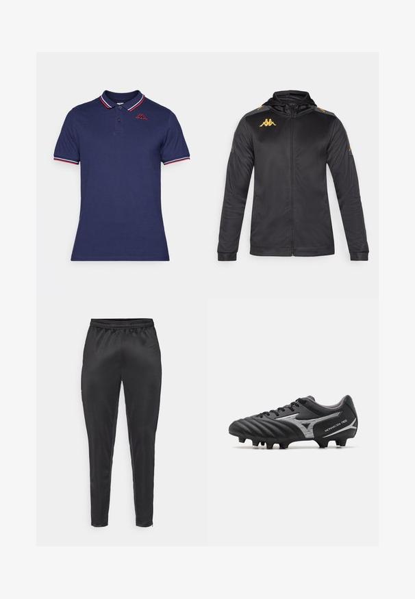 Melna josta ar kapuci, izgatavota no gludas auduma. Iežogo zelta logo uz krūškurvja un pleca, kā arī pelēkas akcenti uz piedurknēm.; Tumši zils polo krekls ar sarkaniem, baltajiem un ziliem svītrainiem kaklu un piedurkņu malām, ar mazu sarkanu logo kreisajā augšējā krūšu daļā.; Melni sporta bikses, izgatavotas no gluda, viegla materiāla. Iespējas ietver elastīgu jostu un šauru piegriezumu ar rāvējslēdzējam kabatām.; Melnas futbola kurpes ar teksturētu sintētisku virsmu, sudraba akcentiem un saistīšanas dizainu. Iekļauj apmestu zoli ar redzamām naglām, lai nodrošinātu saķeri.