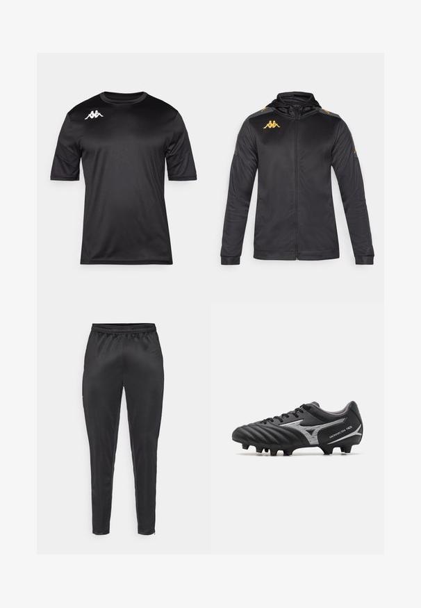 Sort fleecejakke med lynlås og hætte, lavet af glat stof. Har guld logo på brystet og skulderen, samt grå detaljer på ærmerne.; Sort kortærmet atletisk t-shirt, lavet af glat stof, har et hvidt logo på venstre bryst og et rundt halsdesign.; Sorte atletiske bukser lavet af glat, let materiale. Har en elastisk talje og slim fit med lynlåslommer.; Sort fodboldstøvle med en tekstureret syntetisk overdel, sølvdetaljer og snørebånd. Funktionen inkluderer en formet sål med synlige stød for bedre greb.