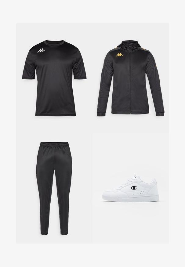 Melna josta ar kapuci, izgatavota no gludas auduma. Iežogo zelta logo uz krūškurvja un pleca, kā arī pelēkas akcenti uz piedurknēm.; Melna īsām piedurknēm sporta T-kreklā, izgatavots no gludas auduma, ar baltu logotipu augšējā kreisā krūtīs un apaļo kakla dizainu.; Melni sporta bikses, izgatavotas no gluda, viegla materiāla. Iespējas ietver elastīgu jostu un šauru piegriezumu ar rāvējslēdzējam kabatām.; Baltas sporta apavi ar gludu sintētisku augšdaļu, melnu logotipa akcentu un perforētu apdari sānos. Gumijas zole.