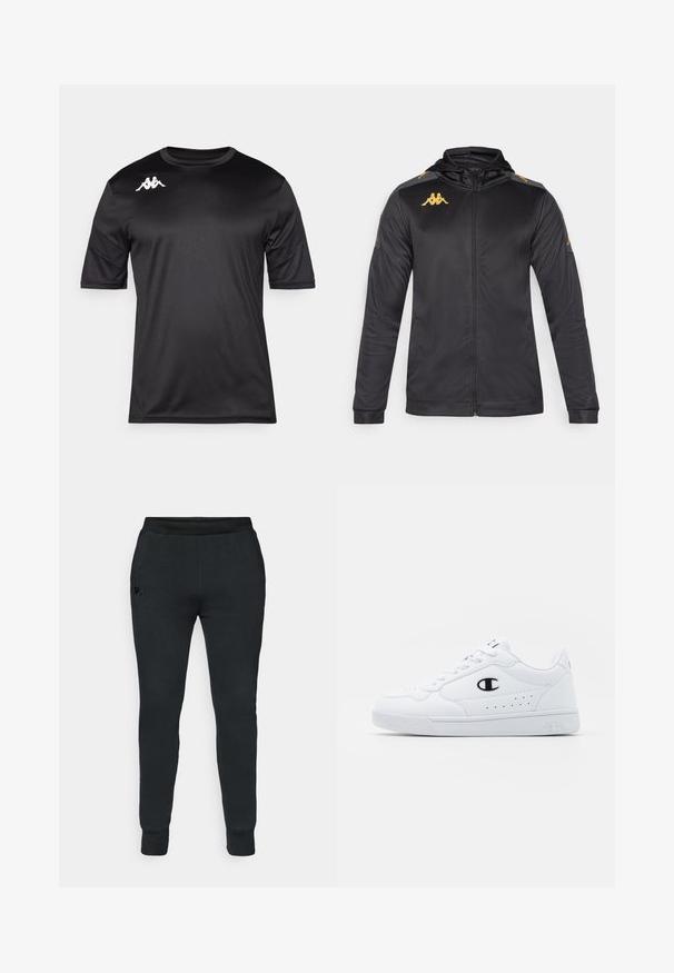 Černá zipová bunda s kapucí, vyrobena z hladkého materiálu. Obsahuje zlaté logo na hrudi a na rameni, a šedé akcenty na rukávech.; Černé tričko s krátkým rukávem pro sport, vyrobené z hladkého materiálu, má bílé logo na levé horní části hrudníku a kulatý výstřih.; Černé tepláky s tapered designem, elastickým pasem, žebrovanými manžetami a malým logem na přední levé kyčli. Měkká textilie.; Bílé sportovní tenisky s hladkým syntetickým svrškem, černým logem a perforovanými detaily po stranách. Gumová podrážka.