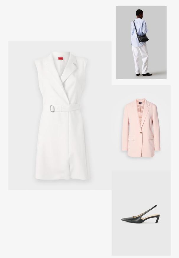 Svetloružový blazer so štruktúrovaným dizajnom, jedným zlatým gombíkom, dvoma prednými vreckami a podšívkou. Strih prispôsobený postave so ostrými klopami.; Biela bezrukávová šaty s priliehavým strihom, klopovým golierom a zodpovedajúcim opaskom s striebornou prackou. Hladká textúra, po kolená.; Čierne slingback topánky s ostrou špičkou a nízkym opätkom, vyrobené z hladkej kože a s výrezmi na boku pre lepšiu priedušnosť.; Čierna kožená ramenná taška so mäkkou textúrou, trojuholníkovým tvarom a nastaviteľným popruhom, skombinovaná s svetlomodrou pruhovanou košeľou a bielymi nohavicami.