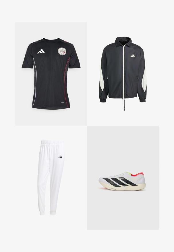 Zwarte windjack met een wit rits en logo, voorzien van witte zijaccenten, elastische manchetten en een trekkoordzoom. Lichtgewicht materiaal.; Zwart sportshirt met korte mouwen, voorzien van een ronde hals, witte accenten, rode zijstrepen en een cirkelvormig embleem op de borst.; Witte sportbroek van gladde stof, met een elastische tailleband en smalle taillebanden, voorzien van een zwart logo op de achterzak.; Witte hardloopschoen met zwarte strepen, neon groene accenten en een rode hak. Beschikt over een lichtgewicht ontwerp en een gestructureerde zool voor grip.