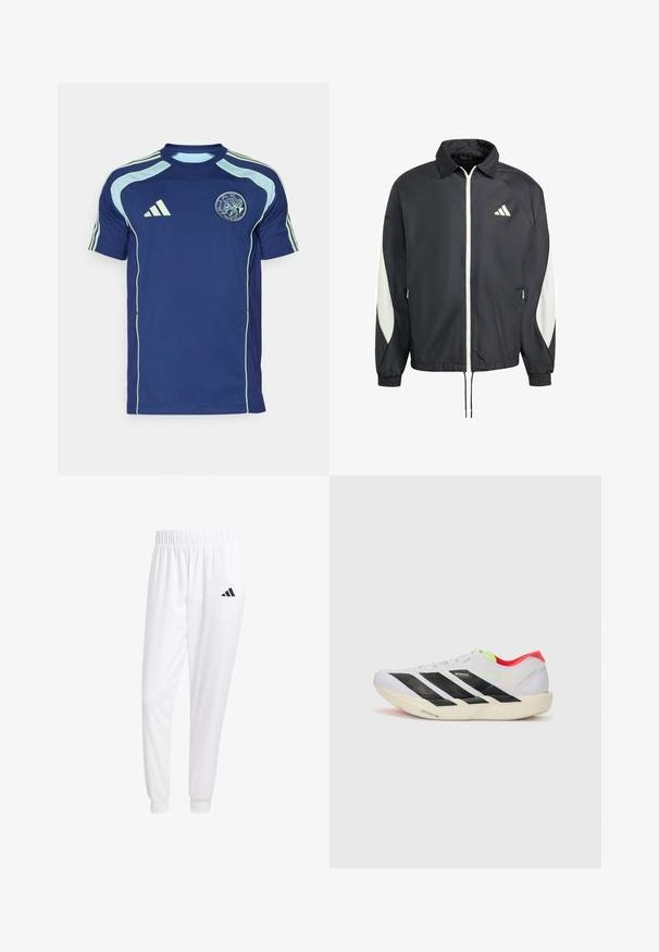 Crna windbreaker jakna s bijelim zatvaračem i logom, ima bijele bočne akcentne detalje, elastične manžetne i hem s povlačenjem. Lagani materijal.; Tamno plava kratkotrajna majica od prozračne tkanine, s svijetloplavim detaljima i Ajax logotipom na prsima.; Bijele atletske hlače od glatkog materijala, sa elastičnom vrpcom u struku i pripijenim manžetama, sa crnim logom na stražnjem džepu.; Bijela trkačka cipela s crnim prugama, neon zelenim naglascima i crvenim petom. Ima lagani dizajn i teksturiranu potplat za bolji grip.