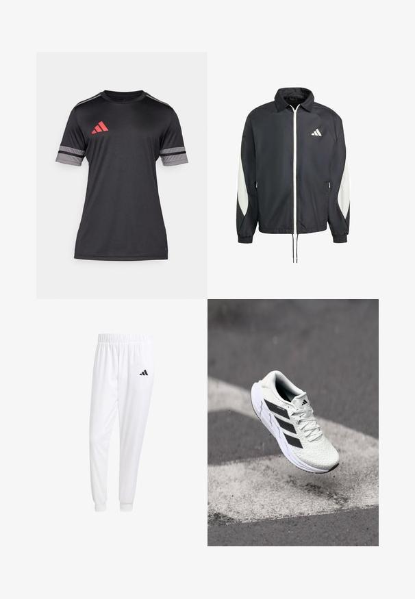 Čierna vetrovka so bielym zipsom a logom, má biele bočné akcenty, elastické manžety a sťahovaciu spodnú časť. Ľahký materiál.; Čierne športové tričko s krátkymi rukávmi, so zmiešaním červených a šedých detailov. Vyrobené z hladkého, ľahkého materiálu. Logo Adidas na hrudi.; Biele športové nohavice z hladkej tkaniny, s elastickým pásom a priliehavými manžetami, s čiernym logom na zadnej vrecku.; Biele športové tenisky s textúrovaným sieťovaným zvrškom, čiernymi pruhmi, šnurovaním a polstrovanou podrážkou, levitujúce nad označeným povrchom cesty.