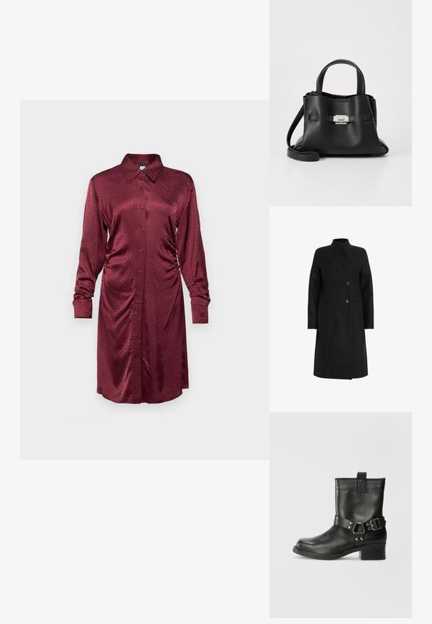 Svart kappa i ullblandning, med hög krage, dubbelknäppt design med två knappar och sidofickor. Slät textur, knä-lång.; Burgundy satin långärmad skjortklänning med knäppning framtill, krage, sidofåll och subtilt strukturerat mönster genom hela plagget.; Samsøe Samsøe SABRENTA - Cowboy- / Bikerstövletter - black; Svart läderhandväska med en texturerad yta, utrustad med två ovandelar, en avtagbar axelrem och en detalj med silverlås.