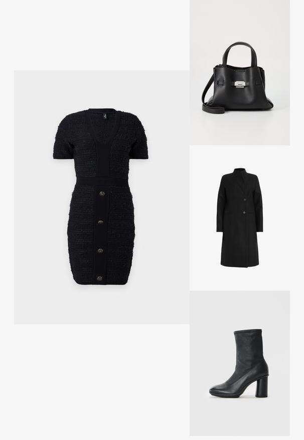 Musta villasekoitteesta valmistettu takki, jossa on korkea kaulus, kaksoisnapitus kahdella napilla ja sivutaskut. Sujuvasti teksturoitu, polven mittainen.; Musta neulemekko V-aukkolla, lyhyillä hihoilla ja teksturoiduilla raidallisilla yksityiskohdilla. Ominaisuuksiin kuuluu muotoiltu siluetti ja kuusi kultasävyistä etunappia.; Musta nahka kenkä, joka ulottuu säären puoliväliin, pyöreällä varpaalla ja paksulla korkealla korolla, esitettynä tasaisella vaaleanharmaalla taustalla.; Mustat nahkaa oleva käsilaukku, jossa on teksturoitu pinta, kaksi yläkahvaa, irrotettava olkahihna ja hopeinen solk yksityiskohta.