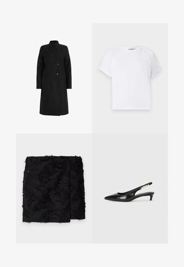 Melns mētelis, izgatavots no vilnas maisījuma, ar augstu apkakli, dubultā slēgšanas dizainu ar divām pogām un sānu kabatām. Gluda tekstūra, līdz ceļiem.; Balta kokvilnas T-krekls ar apaļu kakla izgriezumu, īsām raglanu piedurknēm un brīvu piegriezumu. Gluda tekstūra bez redzamām detaļām vai akcentiem.; Melna svārku ar teksturētu audumu, kas featuring beigtas akcentus. Kvadrātveida forma, virs ceļgaliem un sānu pogas detaļa.; Melnas ādas slingback zābaki ar smailu purngalu, ar šauru papēdi un zelta krāsas akcentu uz regulējama siksniņas. Gluda tekstūra.