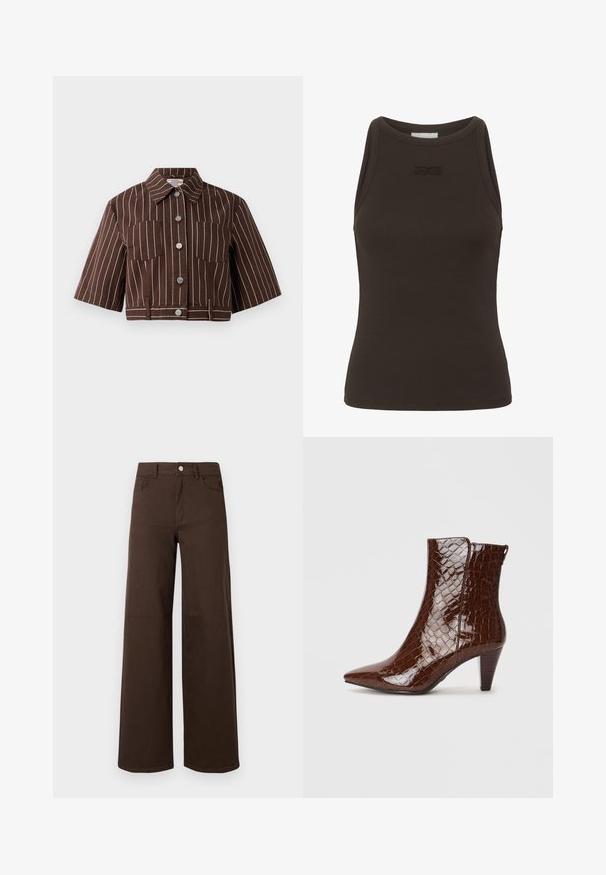 Smeđa skraćena jakna s bijelim vertikalnim prugama, kratkim rukavima, dvije vrećice na prsima i kopčanjem na dugmad s metalnim detaljima.; Smeđa rebrasta majica bez rukava s visokim ovratnikom, koja se ističe suptilnim logotipom na području grudi. Izrađena od rastezljivog materijala.; Smeđa široka hlače od izdržljive tkanine, s kopčanjem na dugme i klasičnim dizajnom s pet džepova. Glatka tekstura s minimalnim detaljima.; Smeđe gležnjače od umjetne kože s špicastim vrhom, krokodilska tekstura i složena potpetica visine 5 cm. Bočno otvaranje bez vidljivih metalnih dijelova.