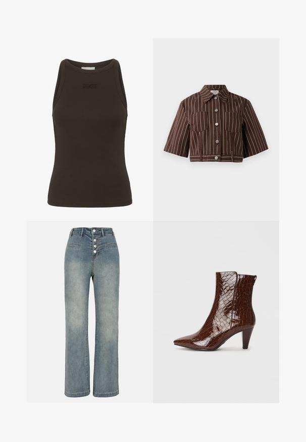 Pruuni lühike jakk valgete vertikaalsete triipudega, lühikeste varrukatega, kahe rinnataskuga ja nööpide sulgemisega, millel on metallikaktsendid.; Pruun ribadega tengel kõrge kaelusega ja ilma varrukateta, millel on rinnapiirkonnas peen logo. Valmistatud venivast kangast.; Heledad sinine teksarihm, laiade jalgade ja kõrge vöökoht, viis nööpide sulgemist ning kaks eesmist taskut. Sile tekstuur ning kerge kulumise efekt.; Pruun faux krokodillinahast pahklu بوت, millel on terav nina ja kitsenev kont. Omab läikivat tekstuuri ja küljepeatuse detaili.