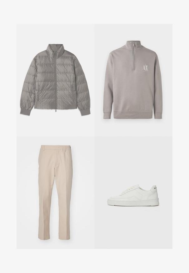 Szara pikowana kurtka puchowa z wysokim kołnierzem, dwoma bocznymi kieszeniami na zamek, elastycznymi mankietami i lekką, gładką teksturą.; Jasnoszary pulowerek z krótkim zamkiem wykonany z miękkiego materiału, z małym białym logo na piersiach oraz elastycznymi mankietami i dołem.; Beżowe spodnie o gładkiej fakturze, prostym kroju i elastycznym pasku w talii. Posiadają boczne kieszenie i neutralny kolor, idealny do wszechstronnych stylizacji.; Białe skórzane sneakersy o gładkim wykończeniu, okrągłym nosku, płaskich sznurówkach i teksturowanej podeszwie. Charakteryzują się delikatnym logo na pięcie.