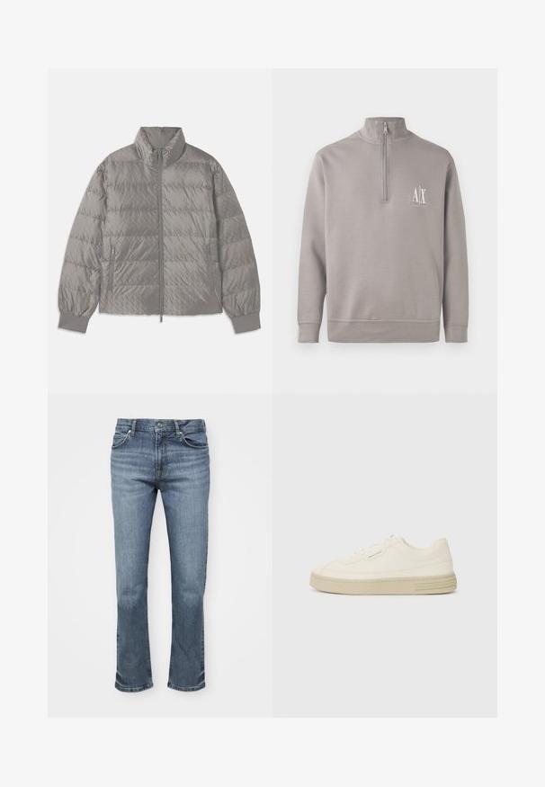Pamušaluota pilka pūkinė striukė su aukštu apykakle, dviem šoninėmis užtrauktukų kišenėmis, elastingomis rankovėmis ir lengva, lygiomis tekstūromis.; Šviesiai pilkas ketvirčio užtrauktuku megztinis, pagamintas iš minkštos medžiagos, su maža balta logotipo detalę krūtinėje ir elastingomis rankogaliais bei apvadu.; Mėlyni džinsai turi tiesų sijoną, penkių kišenių stilių ir sagčių uždarymą, su kontrastingomis siūlėmis.; Baltos drobės sportbačiai su tekstūruota guma padais, turintys siuvinėtą pirštų apsaugą ir logotipo akcentą ant kulno. Paprastas rišamas dizainas.