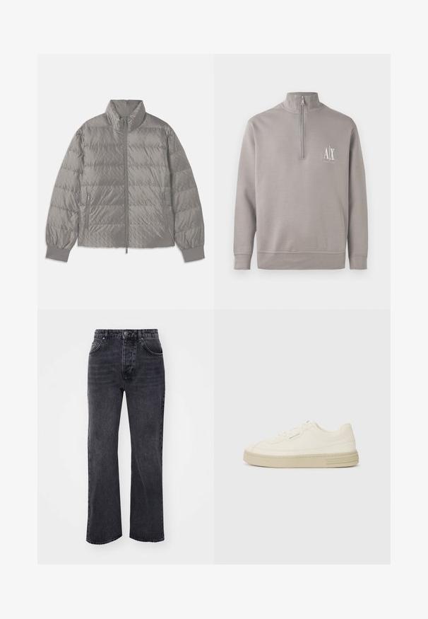 Kootud hall puffjakkk, millel on kõrge krae, kaks külgpocketit lukuga, elastsed varrukad ja kerge, sile tekstuur.; Heledhalli neljandiku tõmblukuga ülikond, mis on valmistatud pehmest materjalist, sisaldab rinda väikest valget logo ning elastseid mansette ja äärt.; Mustmustest mustriga disainiga mustad teksapüksid, millel on viis taskut, lukuga ja nööbiga kinnitamine. Kangas on sileda tekstuuriga.; Valged kangast spordijalatsid tekstureeritud kummist tallaga, tükkide õmblusega varbakaitsme ja logo rõhuasetusega kandmisel. Lihtne lipsuga disain.