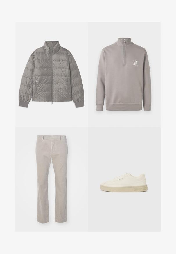 Quiltad grå puffjacka med hög krage, två sidofickor med dragkedja, elastiska ärmmuddar och en lätt, slät textur.; Ljusgrå kvartsdrogna tröja gjord av mjukt material, med en liten vit logotyp på bröstet och elastiska muddar och fåll.; Beiga kordflanellbyxor med vertikal ribbad textur, rak passform och standard midjeband. Framfickor och bältesöglor ingår.; Vita canvas sneakers med en texturerad gummisula, med en sydd tåhätta och logotypdetalj på hälen. Enkel snörningsdesign.