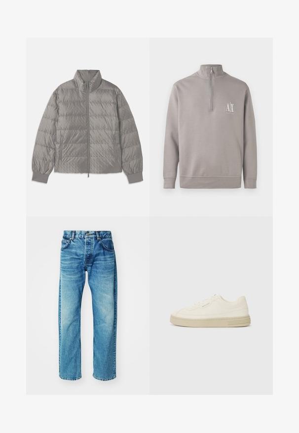 Kvadrāta šuvju pelēks pūkainais mētelis ar augstu apkakli, divām sānu kabatām ar rāvējslēdzēju, elastīgām aprocēm un vieglu, gludu tekstūru.; Gaišpelēks ceturtdaļas rāvējslēdzēja puloveris, kas izgatavots no mīksta materiāla, ar nelielu baltu logotipu uz krūtīm un elastīgiem piedurkņu un apakšmalas malumiem.; Zilā džinsa bikses ar brīvu piegriezumu, kas aprīkotas ar pieciem kabatām, pogu aizdari un maziem izbalēšanas elementiem, kā arī viegli atplēstu apakšmalu.; Baltas kanvas sporta apavi ar strukturētu gumijas zoli, ar šūtu purngalu un logotipu uz papēža. Vienkāršs auklu aizdare dizains.