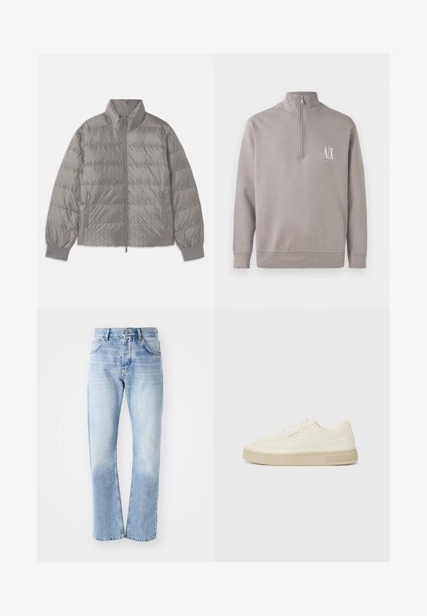 Grau gepolsterte Steppjacke mit hohem Kragen, zwei seitlichen Reißverschlusstaschen, elastischen Bündchen und einer leichten, glatten Textur.; Hellgrauer Quarter-Zip-Pullover aus weichem Material mit einem kleinen weißen Logo auf der Brust sowie elastischen Bündchen und Saum.; Helle blaue Jeans mit geradem Schnitt. Verfügt über ein Fünf-Taschen-Design, einen Knopfverschluss und eine ausgewaschene Textur zum unteren Bereich hin.; Weiße Leinen-Sneaker mit einer strukturierten Gummisohle, die eine gestickte Zehenkappe und ein Logo-Detail an der Ferse aufweisen. Einfaches Schnürdesign.