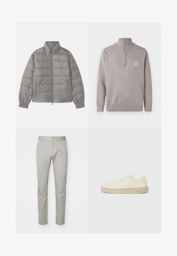 Szara pikowana kurtka puchowa z wysokim kołnierzem, dwoma bocznymi kieszeniami na zamek, elastycznymi mankietami i lekką, gładką teksturą.; Jasnoszary pulowerek z krótkim zamkiem wykonany z miękkiego materiału, z małym białym logo na piersiach oraz elastycznymi mankietami i dołem.; Jasnoszare bawełniane spodnie z prostymi nogawkami, płaskim przodem i bez widocznych kieszeni czy ozdób. Gładka tekstura, jednolity wykończenie.; Białe płócienne trampki z teksturowaną gumową podeszwą, z haftowanym noskiem i akcentem logo na pięcie. Prosty design na sznurówki.