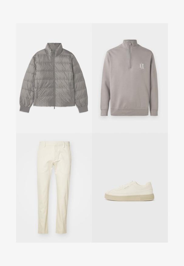 Grau gepolsterte Steppjacke mit hohem Kragen, zwei seitlichen Reißverschlusstaschen, elastischen Bündchen und einer leichten, glatten Textur.; Hellgrauer Quarter-Zip-Pullover aus weichem Material mit einem kleinen weißen Logo auf der Brust sowie elastischen Bündchen und Saum.; Beige Baumwollhosen mit geradem Bein, Reißverschluss vorne und flachen Taschen. Strukturierter Stoff mit glatter Oberfläche.; Weiße Leinen-Sneaker mit einer strukturierten Gummisohle, die eine gestickte Zehenkappe und ein Logo-Detail an der Ferse aufweisen. Einfaches Schnürdesign.