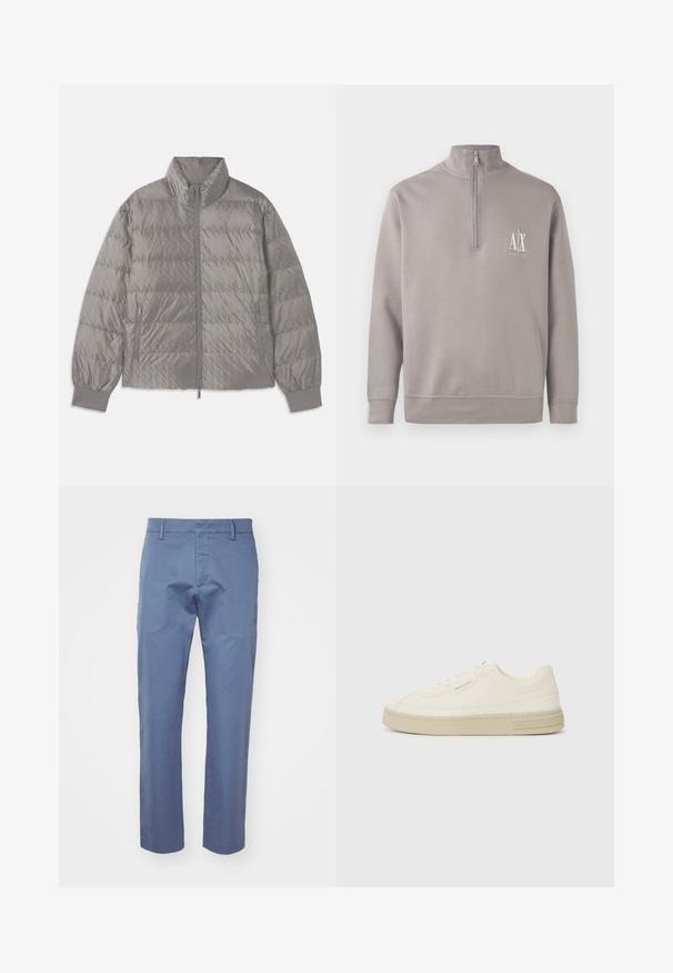 Quiltet grå jakke med høy krage, to sidelommer med glidelås, elastiske mansjetter og en lett, glatt tekstur.; Lys grå kvart-zip genser laget av mykt materiale, med en liten hvit logo på brystet og elastiske mansjetter og kant.; Lyseblå bukser laget av glatt stoff, med rett snitt, beltehemper og glidelås med knappefeste. Ingen mønstre eller aksenter.; Hvite lerrets sneakers med en teksturert gummisåle, med en sydd tåhette og logo aksent på hælen. Enkel snøring.