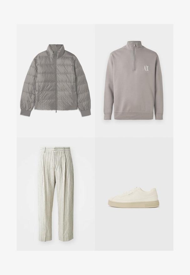 Quilted grey puffer jacket with a high collar, two side zip pockets, elasticized cuffs, and a lightweight, smooth texture.; Light gray quarter-zip pullover made of soft material, featuring a small white logo on the chest and elasticated cuffs and hem.; White striped trousers made of light fabric, featuring a relaxed fit, pleats, and a waistband with belt loops. Vertical navy stripes.; White canvas sneakers with a textured rubber sole, featuring a stitched toe cap and logo accent on the heel. Simple lace-up design.
