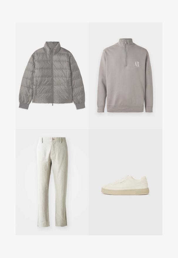 Giacca puffer grigia trapuntata con colletto alto, due tasche laterali con zip, polsini elasticizzati e una texture leggera e liscia.; Pullover grigio chiaro a quattro quinti realizzato in materiale morbido, con un piccolo logo bianco sul petto e polsini e orlo elastici.; Pantaloni in lino beige chiaro con taglio dritto, sottile texture, chiusura frontale con bottone e due tasche laterali. Progettati per una silhouette pulita.; Sneakers bianche in tela con suola in gomma testurizzata, dotate di una punta cucita e di un accento con logo sul tallone. Design semplice con lacci.