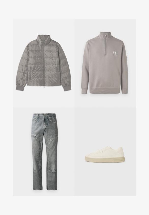 Kootud hall puffjakkk, millel on kõrge krae, kaks külgpocketit lukuga, elastsed varrukad ja kerge, sile tekstuur.; Heledhalli neljandiku tõmblukuga ülikond, mis on valmistatud pehmest materjalist, sisaldab rinda väikest valget logo ning elastseid mansette ja äärt.; Hallid denim püksid sirge lõikega, esikülgedel taskud, nähtavad õmblused ja pleegitatud viimistlus. Materjal on sile tekstuuriga.; Valged kangast spordijalatsid tekstureeritud kummist tallaga, tükkide õmblusega varbakaitsme ja logo rõhuasetusega kandmisel. Lihtne lipsuga disain.