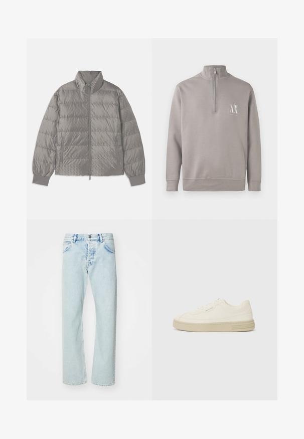 Kvadrāta šuvju pelēks pūkainais mētelis ar augstu apkakli, divām sānu kabatām ar rāvējslēdzēju, elastīgām aprocēm un vieglu, gludu tekstūru.; Gaišpelēks ceturtdaļas rāvējslēdzēja puloveris, kas izgatavots no mīksta materiāla, ar nelielu baltu logotipu uz krūtīm un elastīgiem piedurkņu un apakšmalas malumiem.; Gai zila džinsu bikses ar taisnu kāju dizainu, izteiktiem šuvēm, piecām kabatām un metāla pogu aizdari jostasvietā.; Baltas kanvas sporta apavi ar strukturētu gumijas zoli, ar šūtu purngalu un logotipu uz papēža. Vienkāršs auklu aizdare dizains.