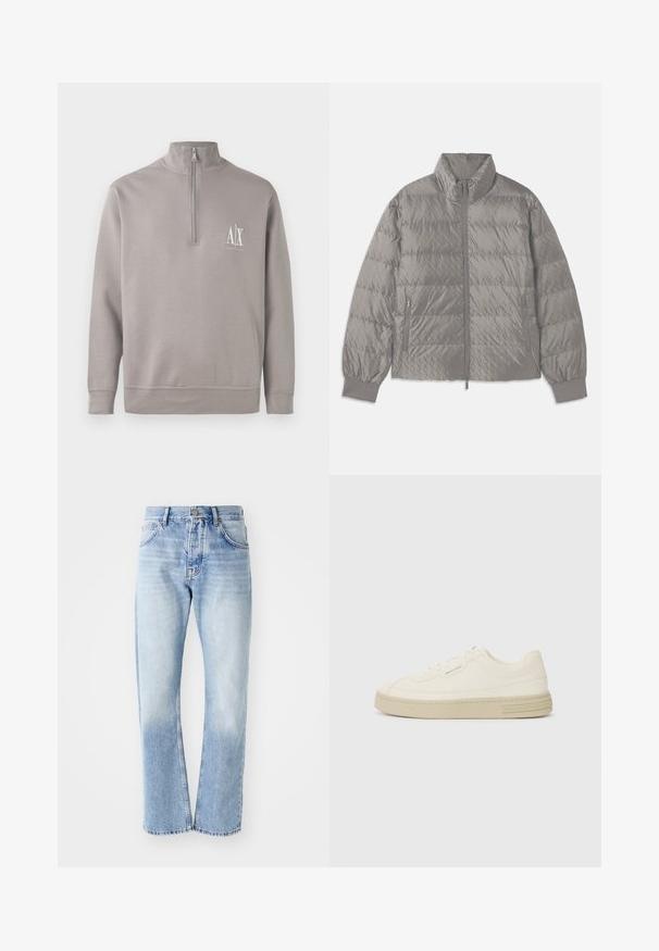 Kootud hall puffjakkk, millel on kõrge krae, kaks külgpocketit lukuga, elastsed varrukad ja kerge, sile tekstuur.; Heledhalli neljandiku tõmblukuga ülikond, mis on valmistatud pehmest materjalist, sisaldab rinda väikest valget logo ning elastseid mansette ja äärt.; Heled sinine teksapüksid sirge lõikega. Omab viit taskut, nööpide kinnitust ja pleekinud tekstuuri allosas.; Valged kangast spordijalatsid tekstureeritud kummist tallaga, tükkide õmblusega varbakaitsme ja logo rõhuasetusega kandmisel. Lihtne lipsuga disain.