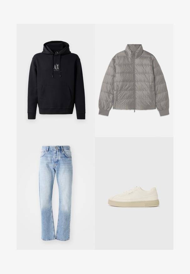 Prešívaná šedá bunda typu puffer s vysokým golierom, dvomi postrannými zipsovými vreckami, elastickými manžetami a ľahkým, hladkým povrchom.; Čierna mikina s kapucňou vyrobená z mäkkého zmesi bavlny, má predné vrecko, kapucňu na šnúrku a malé logo na hrudi. Jednoduchý, neformálny dizajn.; Svetlomodré denimové džínsy s rovným strihom. Majú dizajn s piatimi vreckami, gombíkový rozpínací pás a vyblednutú textúru smerom k spodnej časti.; Biele plátenné tenisky s textúrovanou gumovou podrážkou, so šitým špičkovým krytom a logom na päte. Jednoduchý dizajn so šnurovaním.