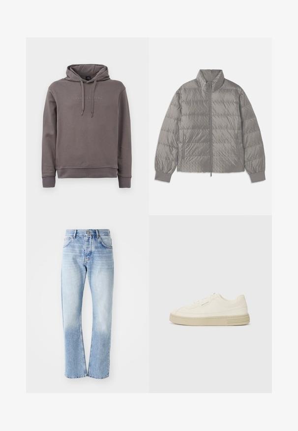 Giacca puffer grigia trapuntata con colletto alto, due tasche laterali con zip, polsini elasticizzati e una texture leggera e liscia.; Felpa grigia con tasca a marsupio frontale, corde regolabili e testo del logo ricamato. Realizzata in un morbido tessuto misto cotone.; Jeans in denim blu chiaro con taglio dritto. Presentano un design a cinque tasche, apertura con bottone e una texture sbiadita verso il fondo.; Sneakers bianche in tela con suola in gomma testurizzata, dotate di una punta cucita e di un accento con logo sul tallone. Design semplice con lacci.