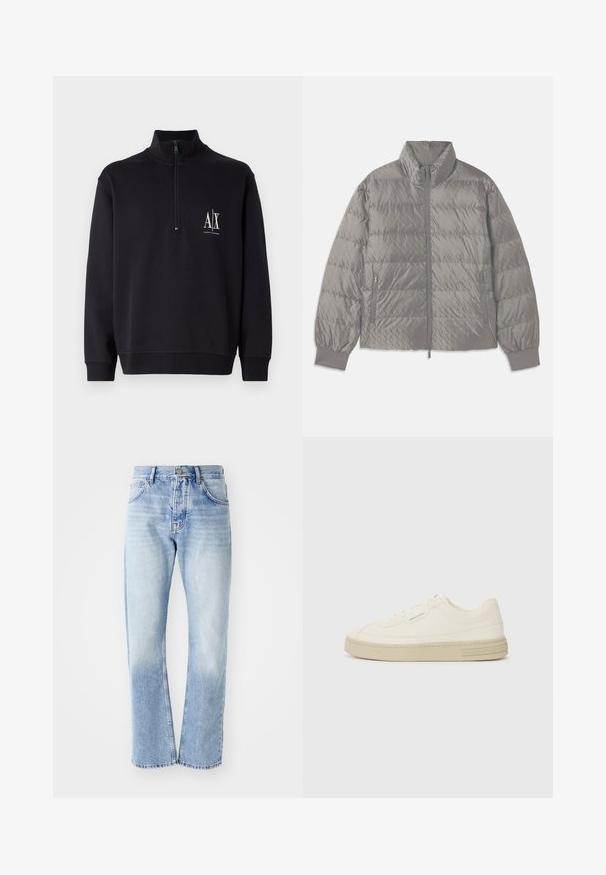 Gequilted grijze pufferjack met een hoge kraag, twee zijzakken met rits, elastische manchetten en een lichte, gladde textuur.; Zwarte pullover sweatshirt met een hoge kraag en kwart rits, voorzien van een wit logo op de linkerborst en ribgebreide manchetten en zoom.; Lichtblauwe denim jeans met een rechte pijp. Voorzien van een vijf-pocket ontwerp, knoopsluiting en een vervaagde textuur naar de onderkant.; Witte canvas sneakers met een gestructureerde rubberen zool, featuring een gestikte neuskap en logo-accent op de hak. Eenvoudig vetersluiting ontwerp.