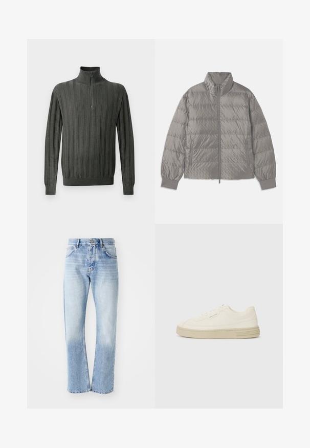 Grau gepolsterte Steppjacke mit hohem Kragen, zwei seitlichen Reißverschlusstaschen, elastischen Bündchen und einer leichten, glatten Textur.; Dunkelgrüner Strickpullover mit einem halben Reißverschluss-Kragen, der vertikalen Rippstruktur und eng anliegenden Bündchen. Weicher Stoff, lässiges Design.; Helle blaue Jeans mit geradem Schnitt. Verfügt über ein Fünf-Taschen-Design, einen Knopfverschluss und eine ausgewaschene Textur zum unteren Bereich hin.; Weiße Leinen-Sneaker mit einer strukturierten Gummisohle, die eine gestickte Zehenkappe und ein Logo-Detail an der Ferse aufweisen. Einfaches Schnürdesign.
