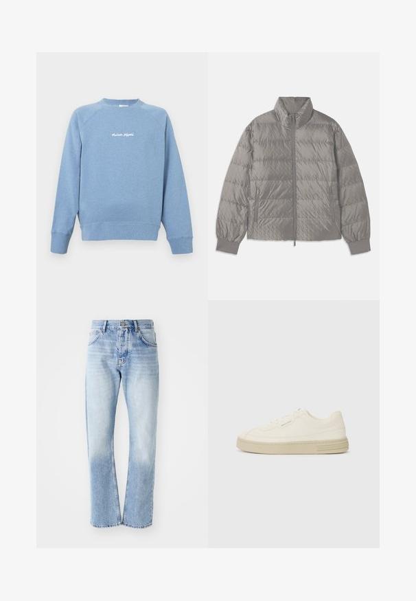 Kvadrāta šuvju pelēks pūkainais mētelis ar augstu apkakli, divām sānu kabatām ar rāvējslēdzēju, elastīgām aprocēm un vieglu, gludu tekstūru.; Gai zils sporta krekls, kas izgatavots no mīksta auduma, ar apaļu dekoltē un raglanu piedurknēm. Uz krūšu daļas ir balts izšuvums.; Gaiši zili džinsu bikses ar taisnu kāju griezumu. Ar piecu kabatu dizainu, pogu aizdari un izbalējušu tekstūru apakšā.; Baltas kanvas sporta apavi ar strukturētu gumijas zoli, ar šūtu purngalu un logotipu uz papēža. Vienkāršs auklu aizdare dizains.