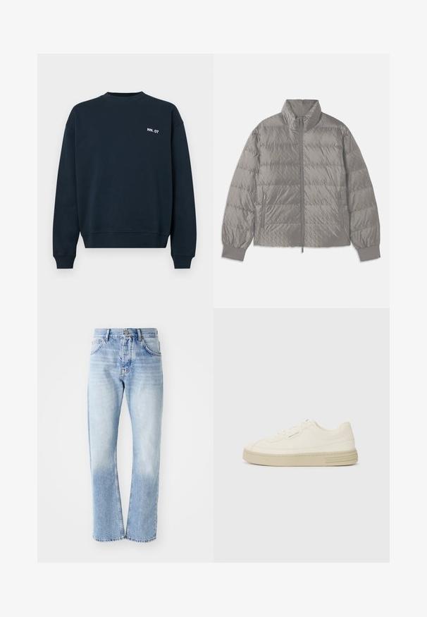 Quilted grey puffer jacket with a high collar, two side zip pockets, elasticized cuffs, and a lightweight, smooth texture.; Navy blue crewneck sweatshirt with long sleeves and white "NN. 07" text on the left chest, plain design with ribbed cuffs and hem.; Light blue denim jeans with a straight-leg cut. Features a five-pocket design, button fly, and faded texture towards the bottom.; White canvas sneakers with a textured rubber sole, featuring a stitched toe cap and logo accent on the heel. Simple lace-up design.