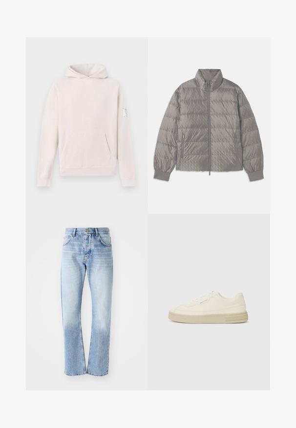 Giacca puffer grigia trapuntata con colletto alto, due tasche laterali con zip, polsini elasticizzati e una texture leggera e liscia.; Felpa grigio chiaro realizzata in tessuto morbido, con tasca frontale, maniche raglan e un'etichetta cucita sulla manica sinistra.; Jeans in denim blu chiaro con taglio dritto. Presentano un design a cinque tasche, apertura con bottone e una texture sbiadita verso il fondo.; Sneakers bianche in tela con suola in gomma testurizzata, dotate di una punta cucita e di un accento con logo sul tallone. Design semplice con lacci.
