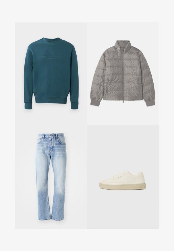 Prošívaná šedá péřovka s vysokým límcem, dvěma bočními zipovými kapsami, elastickými manžetami a lehkým, hladkým povrchem.; Tyrkysová mikina vyrobená z měkké tkaniny, s kulatým výstřihem a žebrovanými manžetami. Na přední straně se nachází logo "ARMANI EXCHANGE" v tonálním tisku.; Světle modré riflové džíny se střihem rovné nohavice. Mají pět kapes, knoflíkový zip a vybledlý vzhled směrem k dolní části.; Bílé plátěné tenisky s texturovanou gumovou podrážkou, se šitým špičkovým krytem a logem na patě. Jednoduchý design na šněrování.