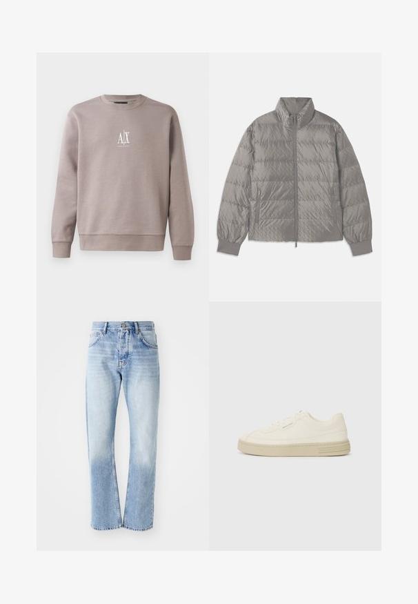 Giacca puffer grigia trapuntata con colletto alto, due tasche laterali con zip, polsini elasticizzati e una texture leggera e liscia.; Felpa grigia realizzata in morbido tessuto, con collo a giro, maniche lunghe e un piccolo logo bianco sul petto.; Jeans in denim blu chiaro con taglio dritto. Presentano un design a cinque tasche, apertura con bottone e una texture sbiadita verso il fondo.; Sneakers bianche in tela con suola in gomma testurizzata, dotate di una punta cucita e di un accento con logo sul tallone. Design semplice con lacci.